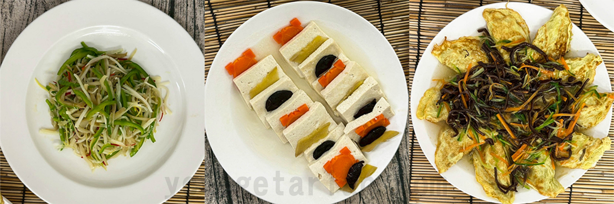 榨菜炒筍絲、麒麟豆腐片、三絲淋素蛋餃