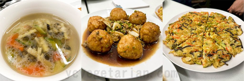 香菇柴把湯、素燒獅子頭、什錦煎餅