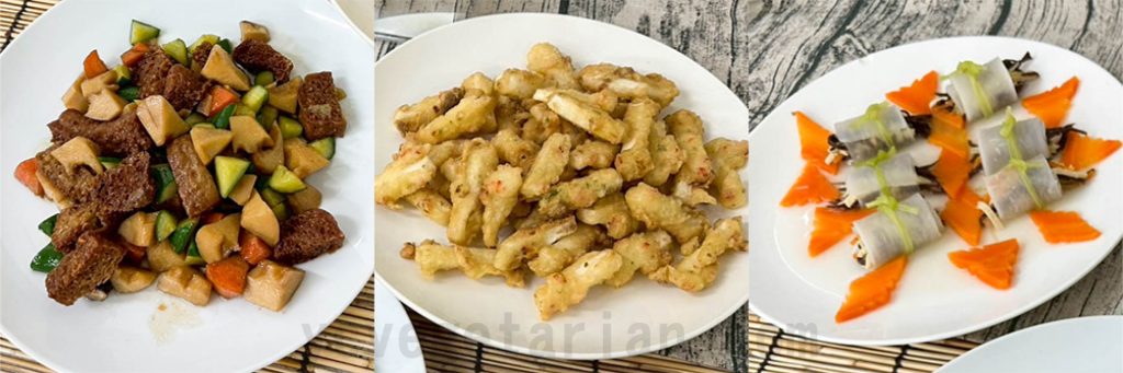 紅燒烤麩塊、炸蔬菜山藥條、蘿蔔三絲捲