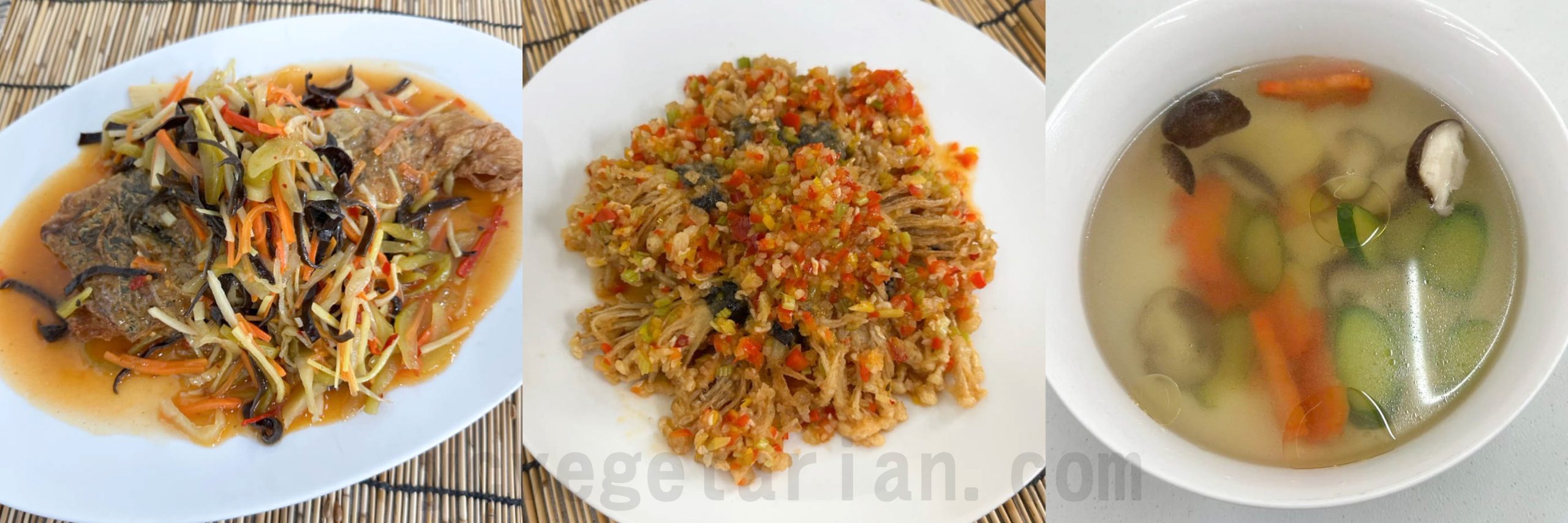 五絲豆包素魚、乾燒金菇柴把、竹筍香菇湯